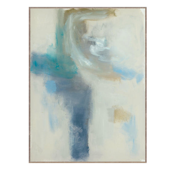 Framed abstract art with white and blue brushstrokes, 36 x 48 in