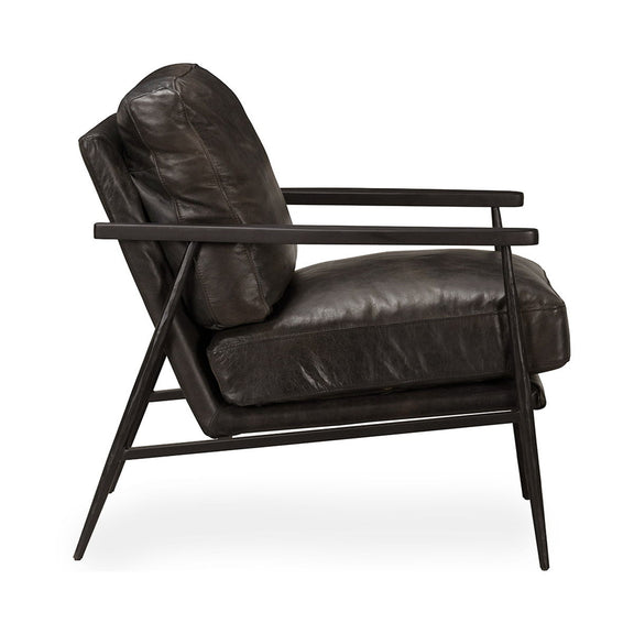 Dark brown leather club chair with wide arms and angled wooden frame