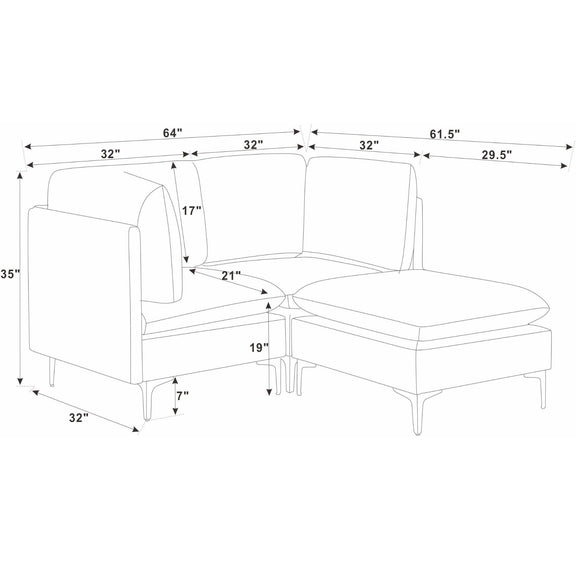 Dark gray sectional and chaise ottoman layout diagram with measurements
