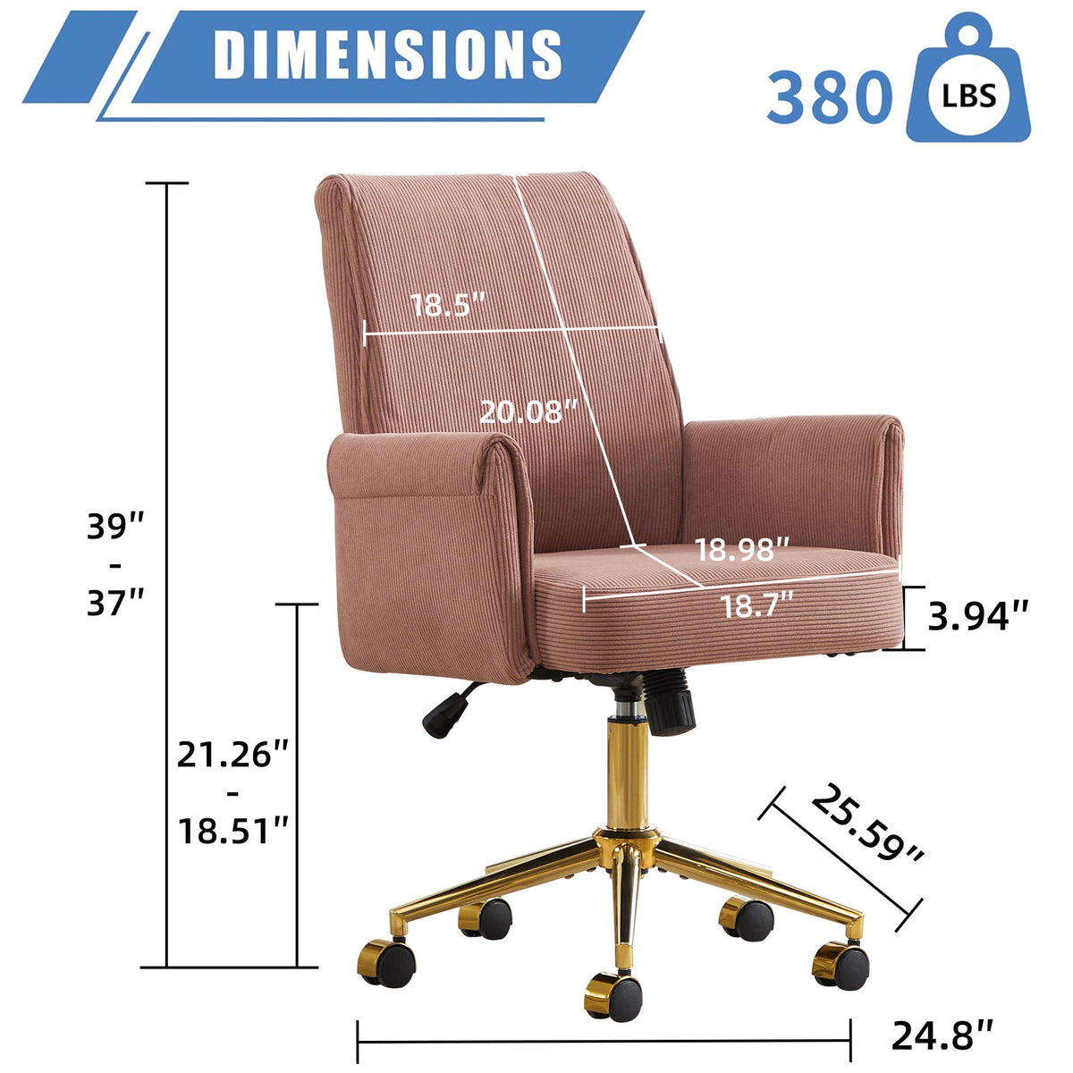 Rose mid-back office chair diagram with armrest and gold swivel base dimensions
