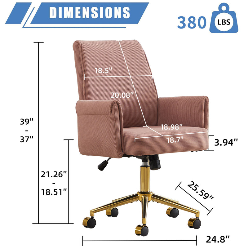 Rose mid-back office chair diagram with armrest and gold swivel base dimensions