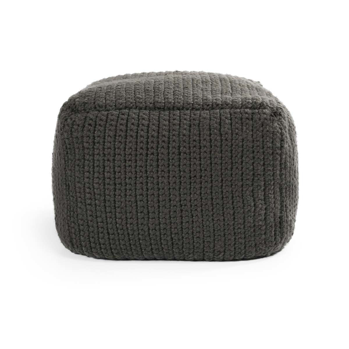 Dark gray knitted pouf with ribbed texture and rounded cylindrical shape