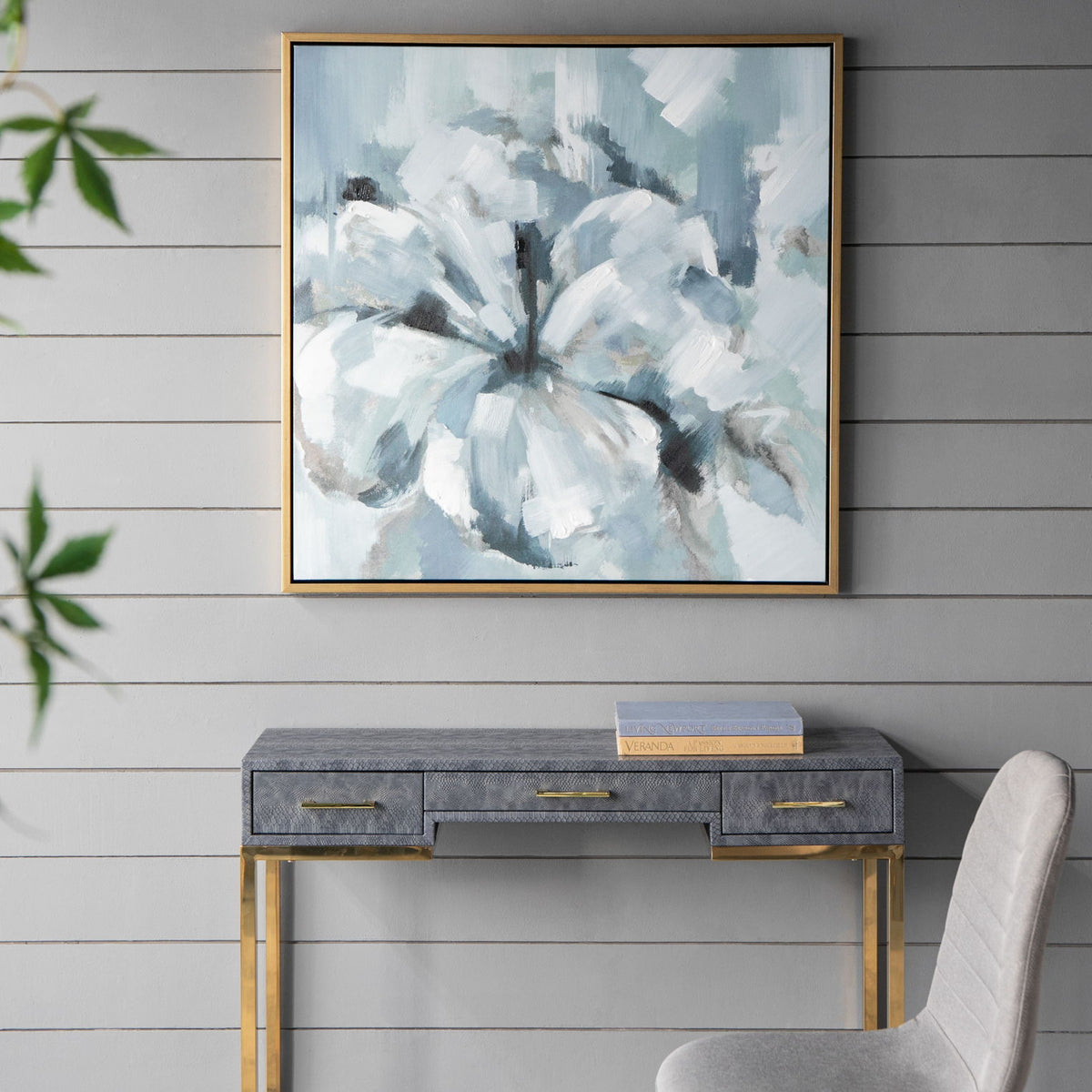 Large Modern Flower Oil Painting, SquareFrame Wall Art - Blue / Gray