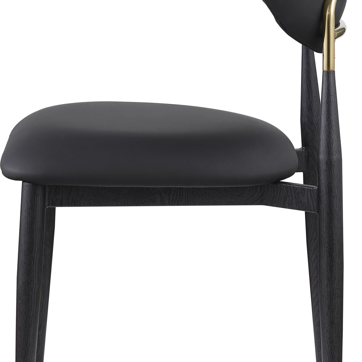 Upholstered dining side chair with black seat and rounded back, black legs