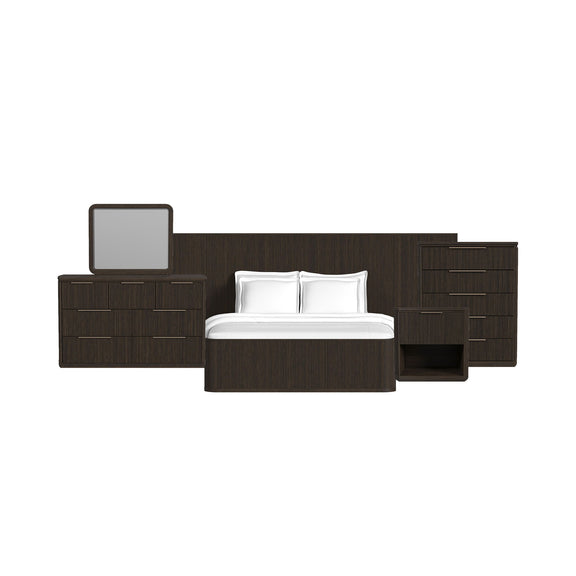 Wall bed bedroom set in dark wood finish with white bed and built-in storage drawers.
