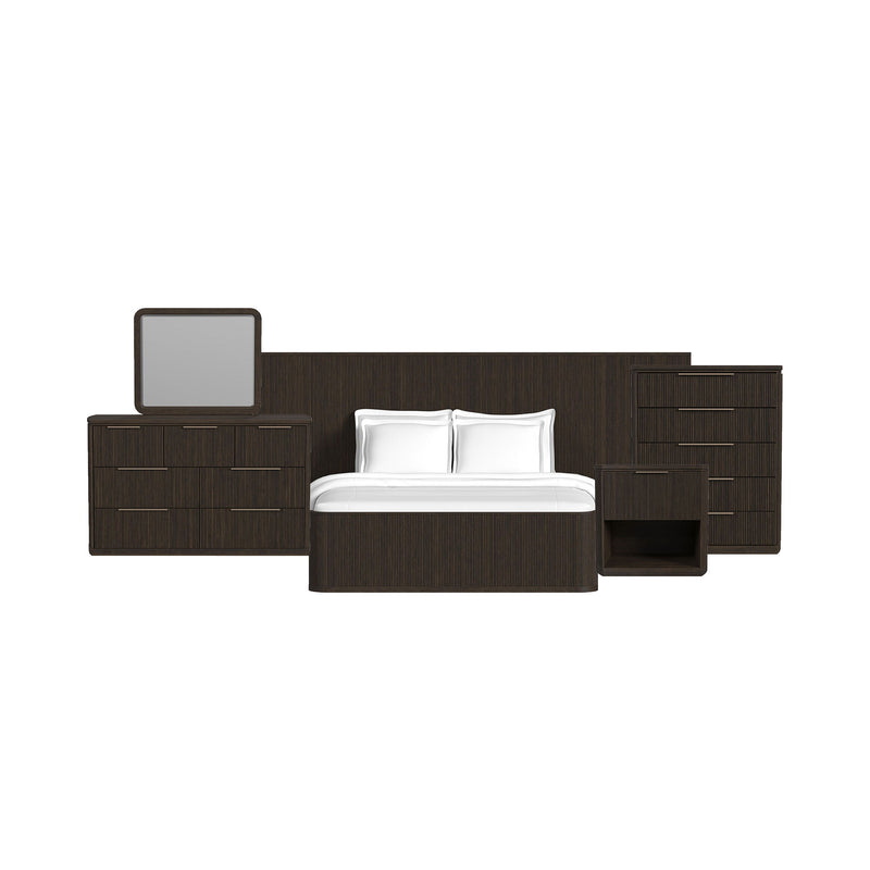 Wall bed bedroom set in dark wood finish with white bed and built-in storage drawers.