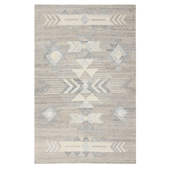 Gray indoor/outdoor rug showing arrow chevrons, diamond pattern blocks, and soft texture