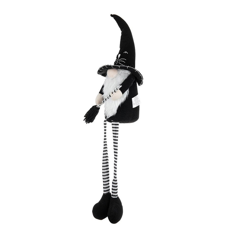 Sitting Gnome With Broomstick & Long Legs, For Halloween Decor - Black White