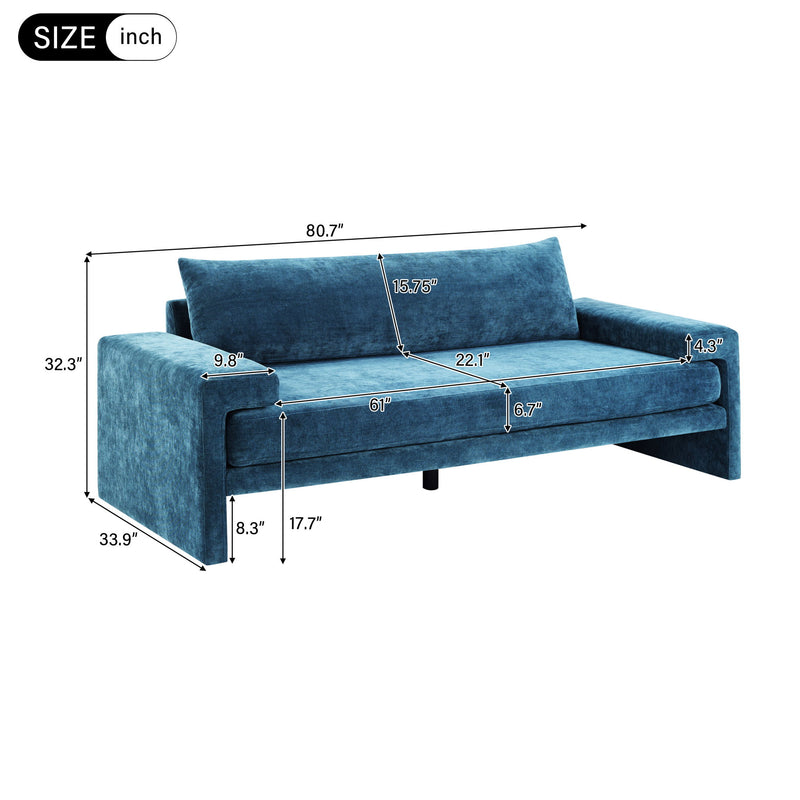 Upholstered 3-seater sofa with wide armrests in blue fabric, size diagram overlay.