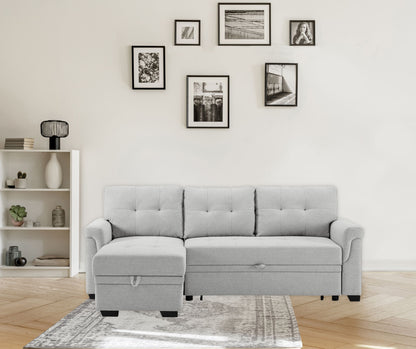 Light gray reversible sleeper sectional sofa with storage chaise, tufted back