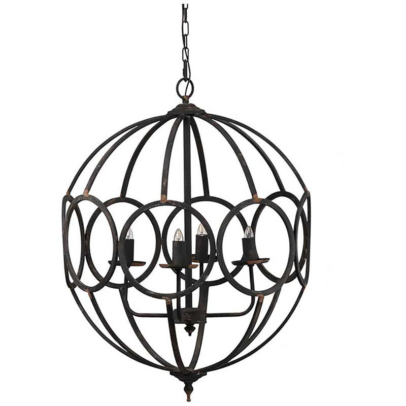 Black metal 4-light chandelier close-up: circular cage frame with chain and sockets