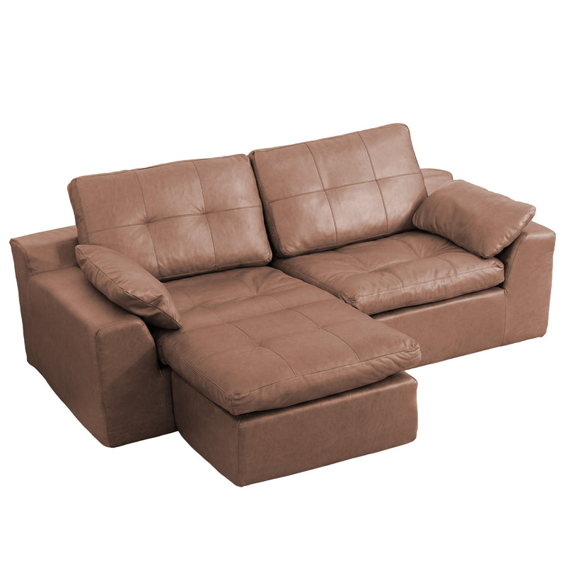 L-shaped 2-seater sofa with movable ottoman, warm brown fabric cushions.