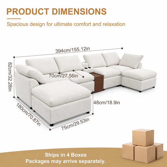 White modular sectional sofa set with storage console and chaise corner section
