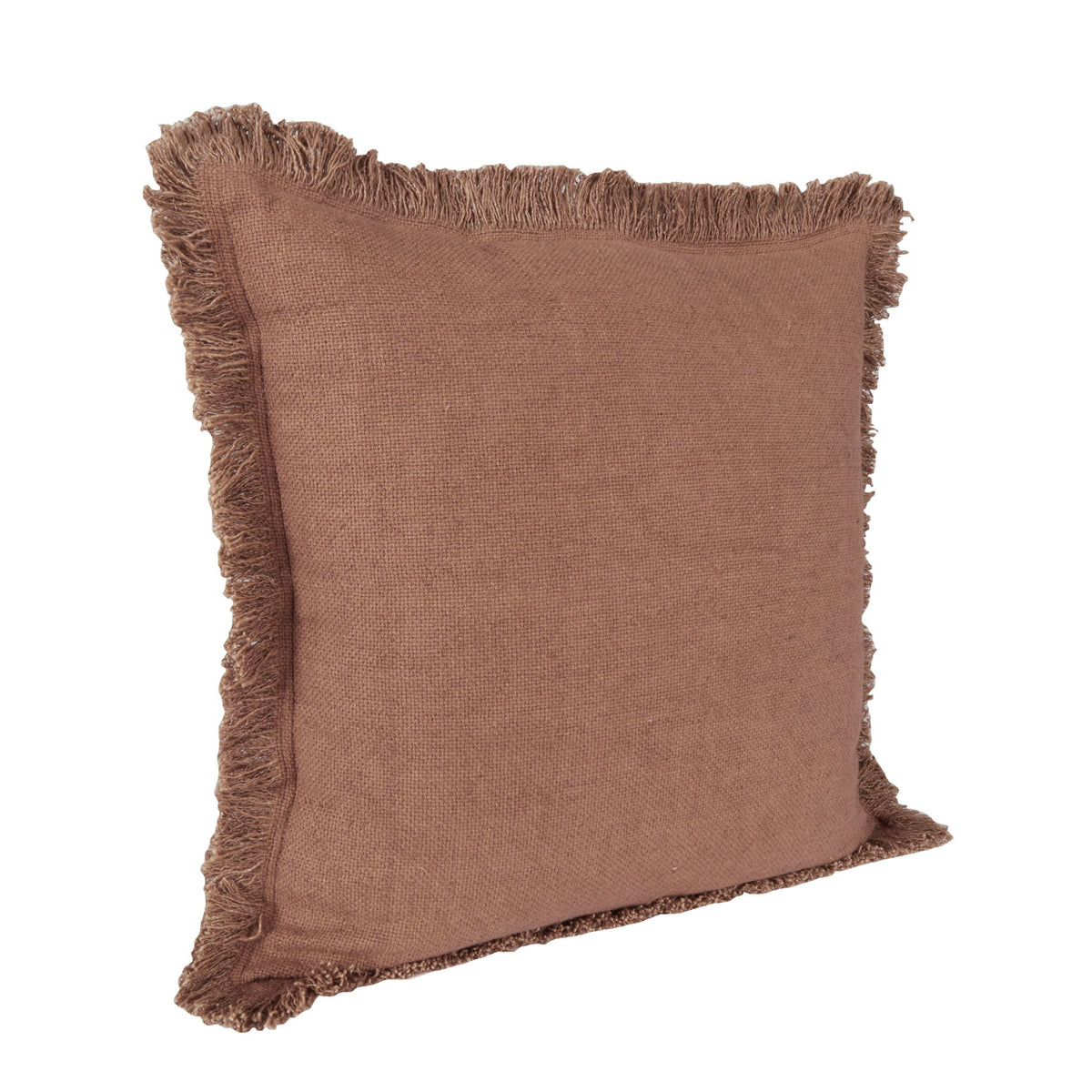 Brown square throw pillow angled view with fringed edge border
