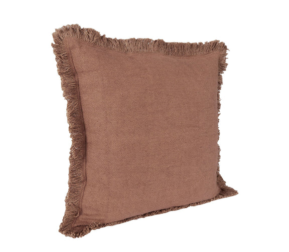 Brown square throw pillow angled view with fringed edge border