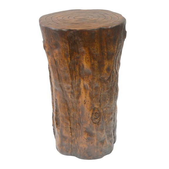 Antique brown tree stump side table with round top and textured wood-grain finish