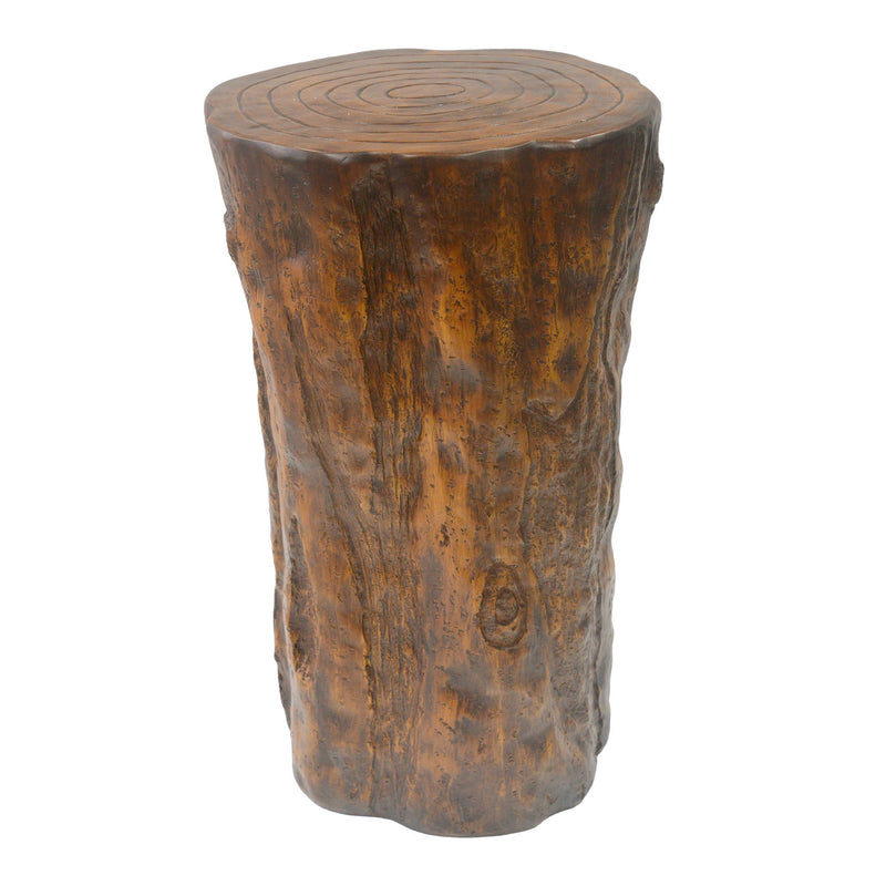 Antique brown tree stump side table with round top and textured wood-grain finish