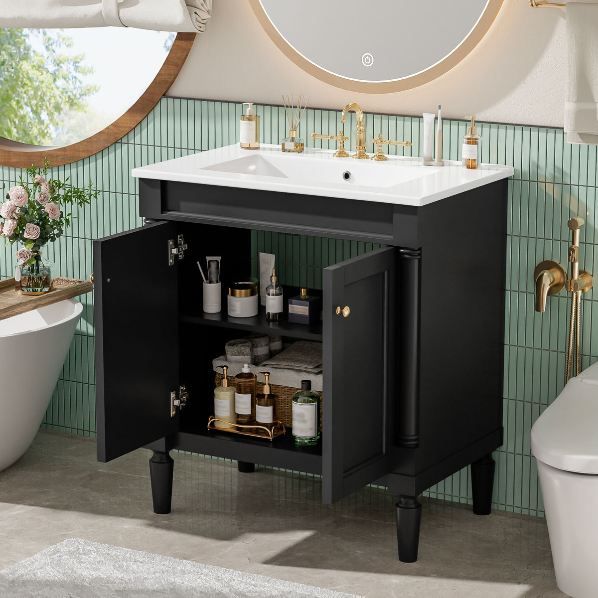 Black bathroom vanity cabinet with sink, open storage cabinet with shelves and bottles