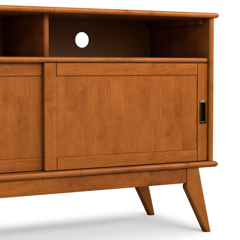 TV media stand cabinet door with handle and tapered legs, warm brown wood