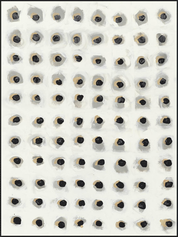 Abstract art painting with clustered dark ovals and circles arranged in rows