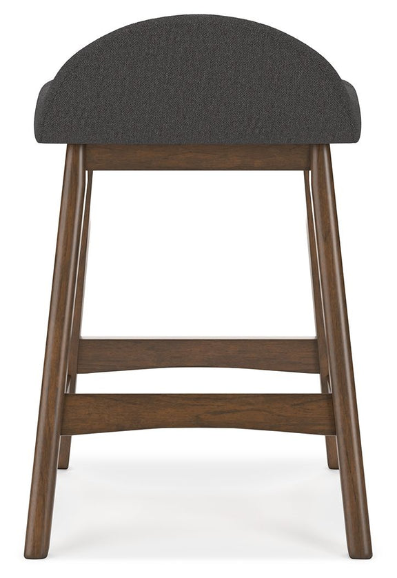 Upholstered barstool with dark gray cushioned seat and rounded back, stained wood frame