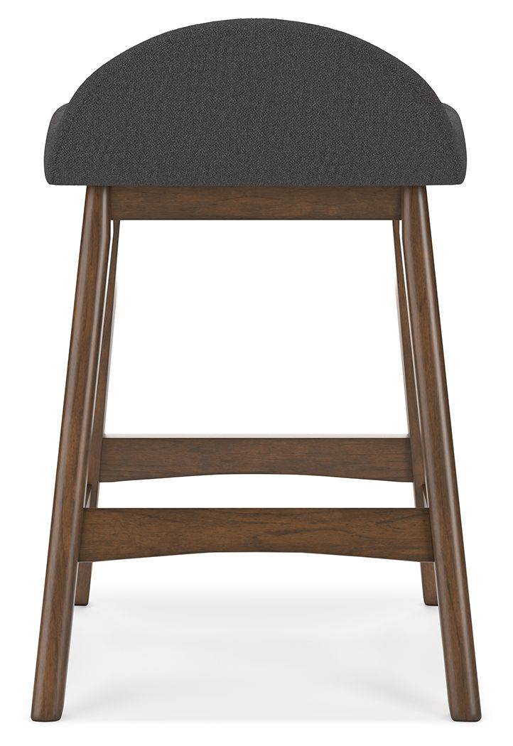 Upholstered barstool with dark gray cushioned seat and rounded back, stained wood frame