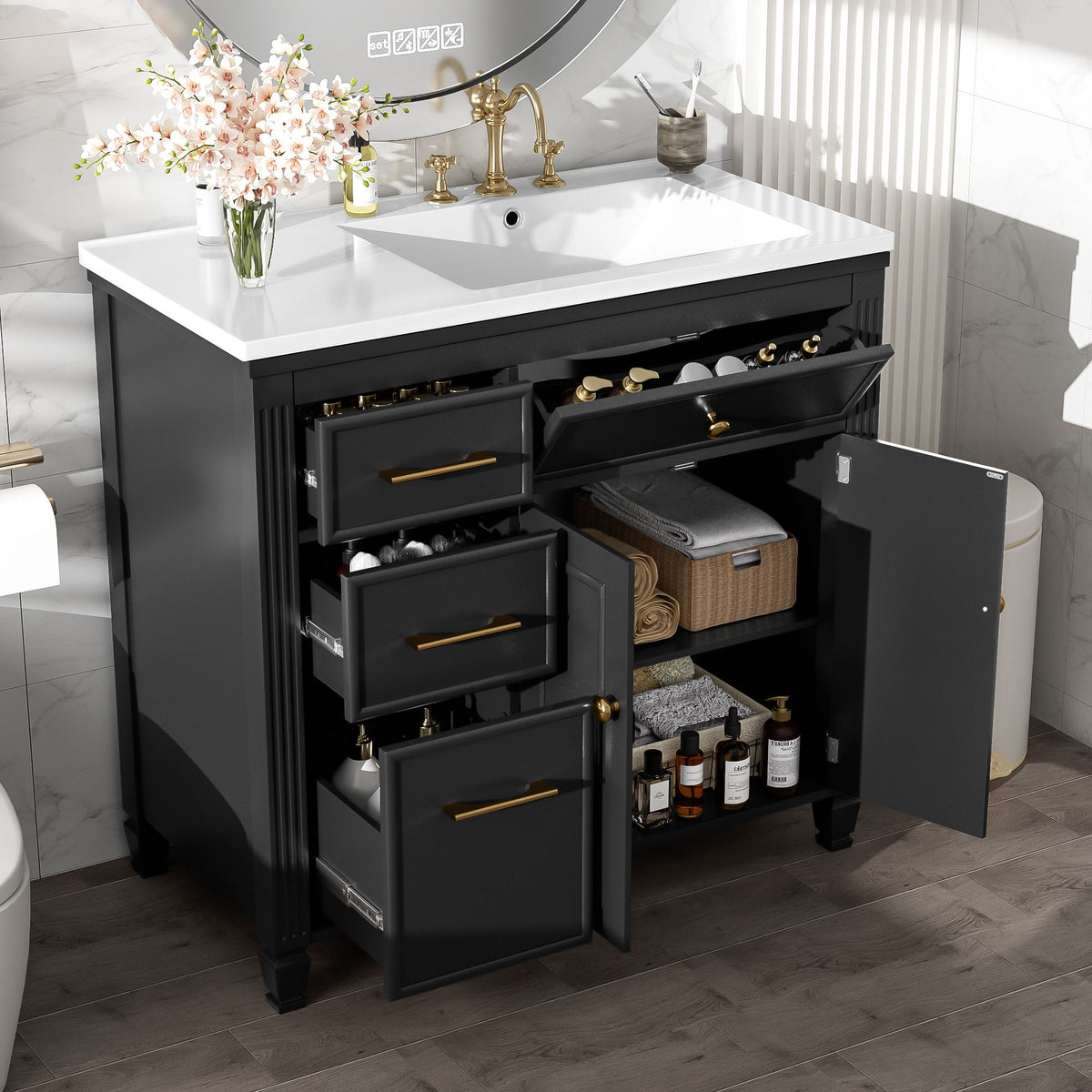 Black bathroom vanity with sink; open drawers and adjustable shelf space, gold hardware