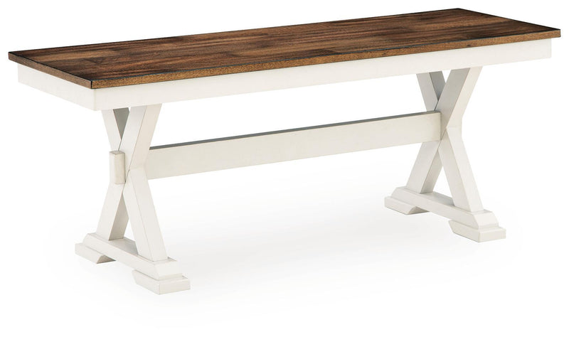 Dark brown wood dining bench with white trestle legs and slatted support