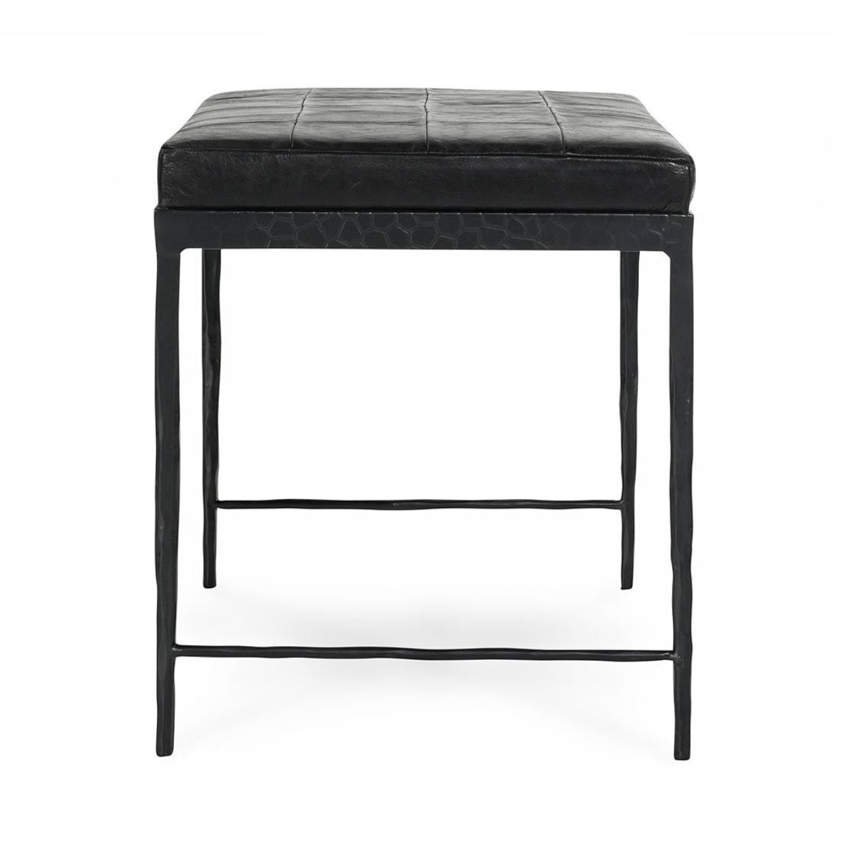 Onyx black leather bench with textured base skirt and padded seat