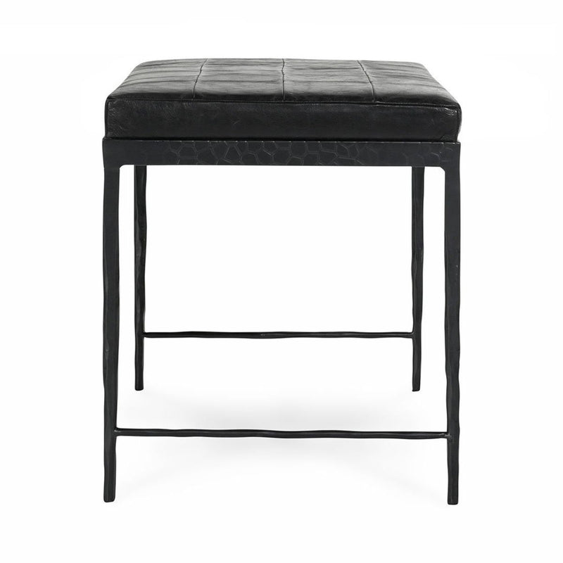 Onyx black leather bench with textured base skirt and padded seat