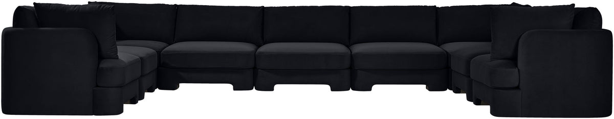Black velvet performance fabric sectional sofa with multiple seats and curved chaise arm