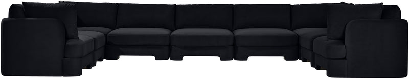 Black velvet performance fabric sectional sofa with multiple seats and curved chaise arm