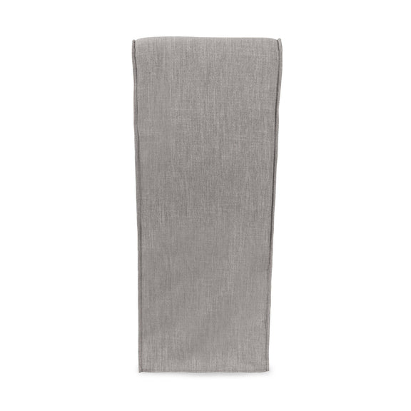 Gray upholstered dining chair rear view with tall back and simple cushioned seat