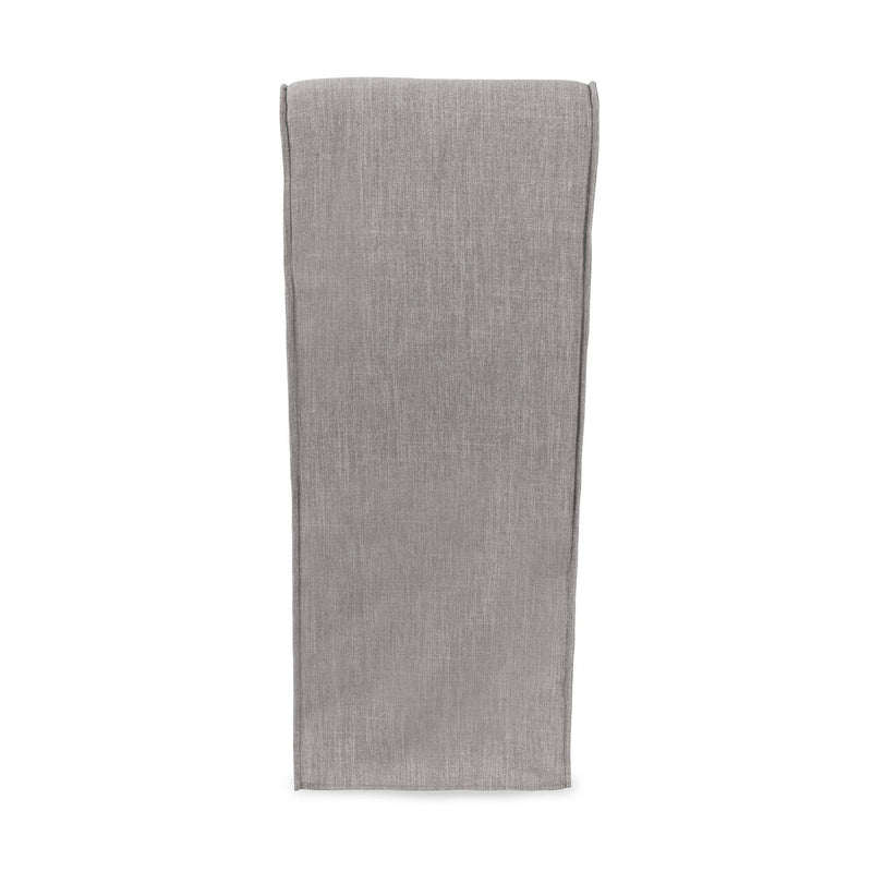 Gray upholstered dining chair rear view with tall back and simple cushioned seat