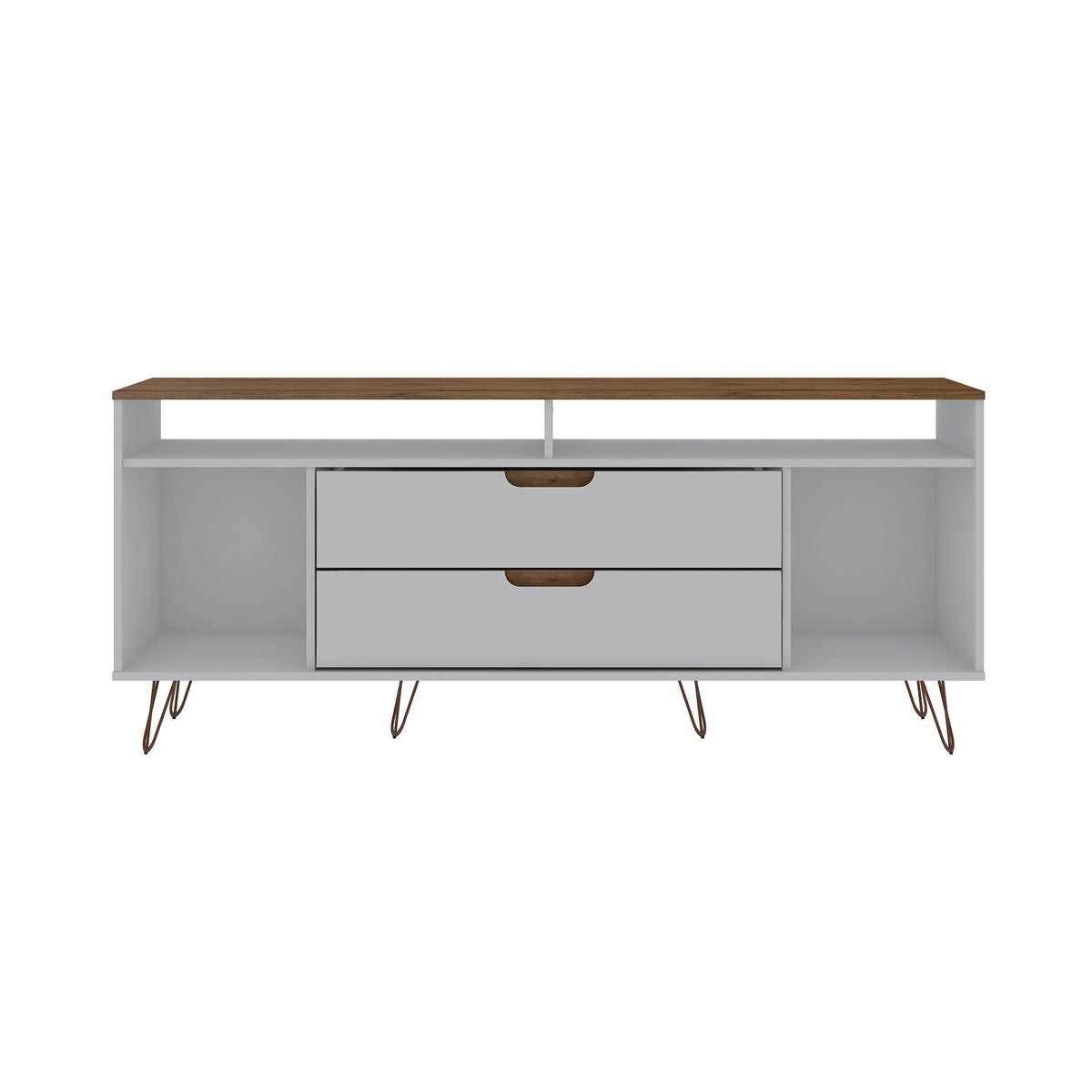 Off-white TV stand with a brown top, two drawers, open side shelves, and slim metal legs