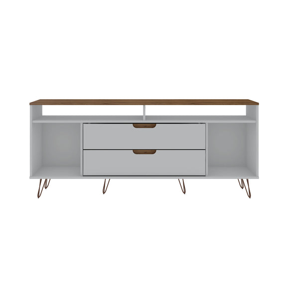 Off-white TV stand with a brown top, two drawers, open side shelves, and slim metal legs