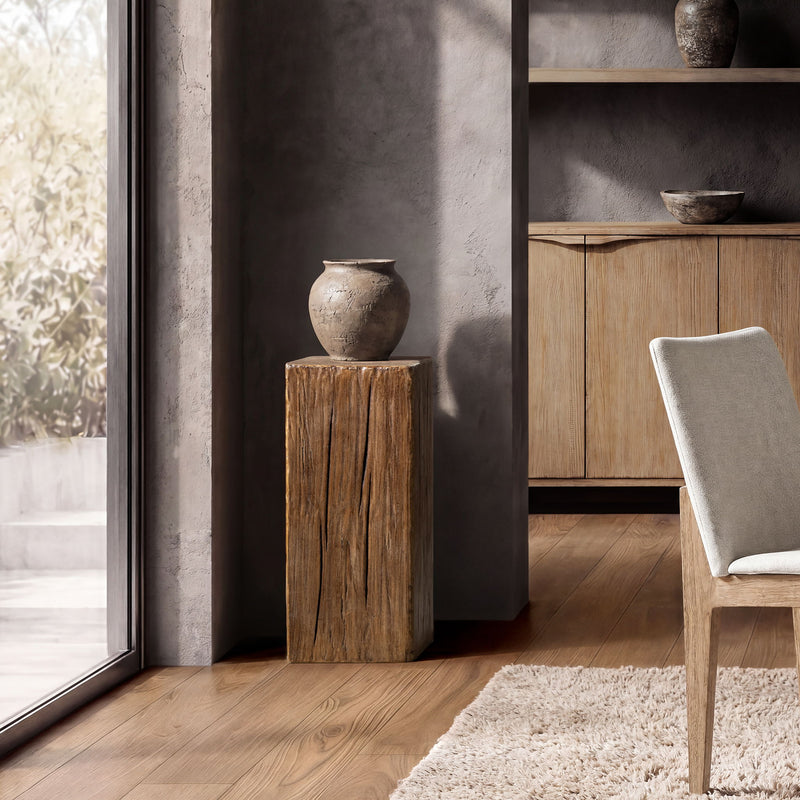 Tall dark brown wood side table with a square top and textured grain