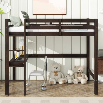 Espresso twin loft bed with safety guardrail and ladder, dark wood frame