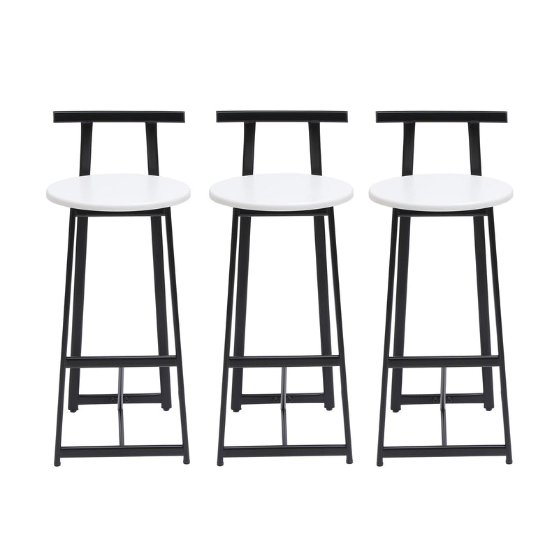 Set of 3 bar stools with backs, white round seats, black metal legs