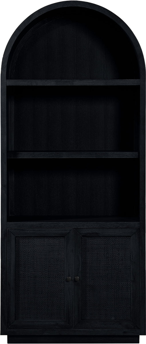 Black oak veneer bookcase with arched top and woven double cabinet doors