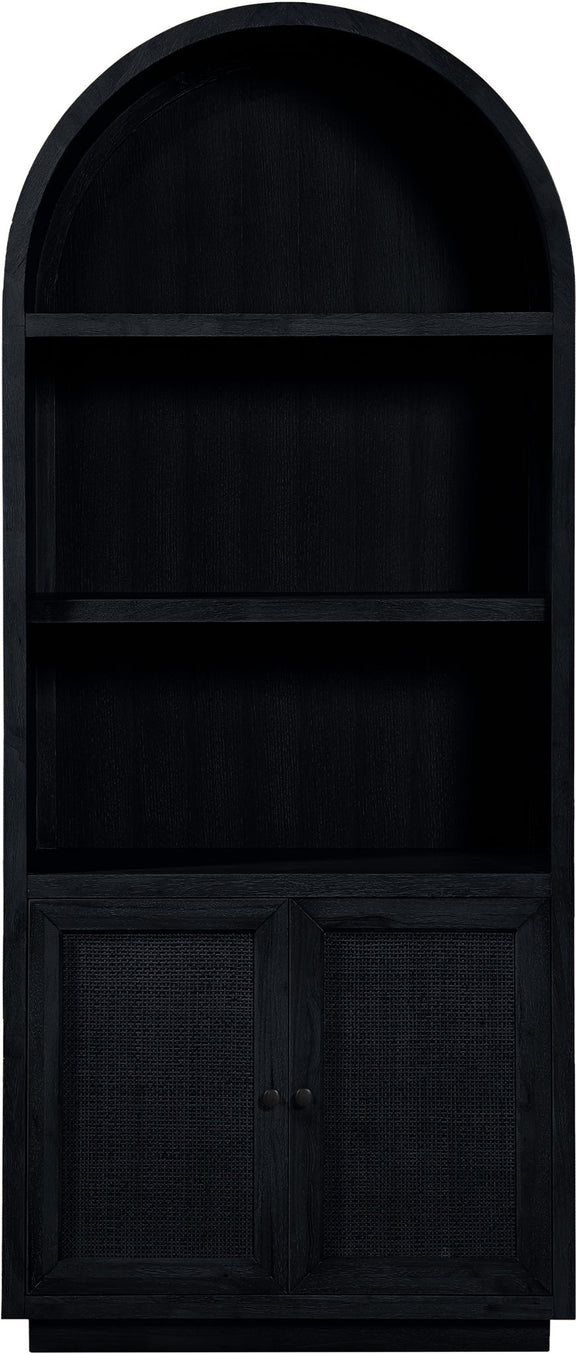 Black oak veneer bookcase with arched top and woven double cabinet doors