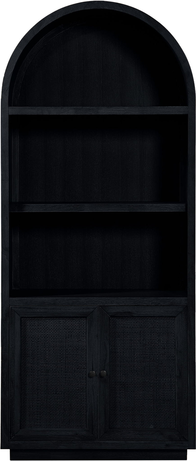 Black oak veneer bookcase with arched top and woven double cabinet doors