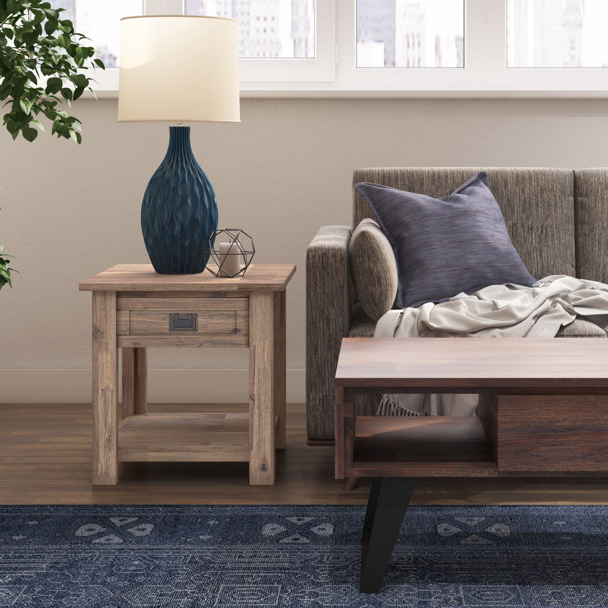 Monroe handcrafted side table with drawer and lower shelf, dark brown wood finish