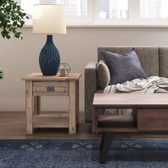 Monroe handcrafted side table with drawer and lower shelf, dark brown wood finish