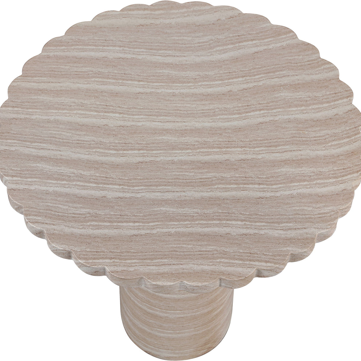 Beige scalloped round tabletop with wood-grain texture on tapered pedestal