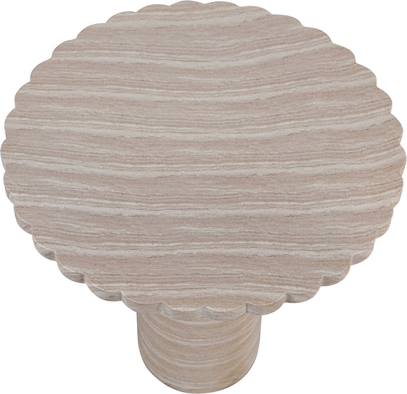 Beige scalloped round tabletop with wood-grain texture on tapered pedestal