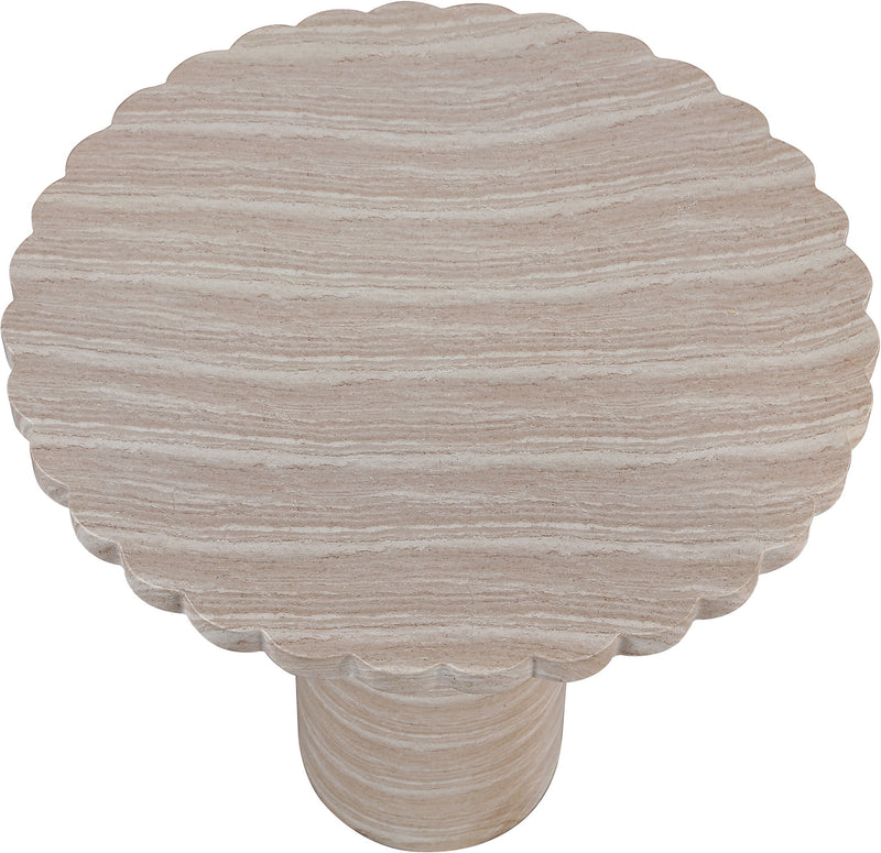 Beige scalloped round tabletop with wood-grain texture on tapered pedestal