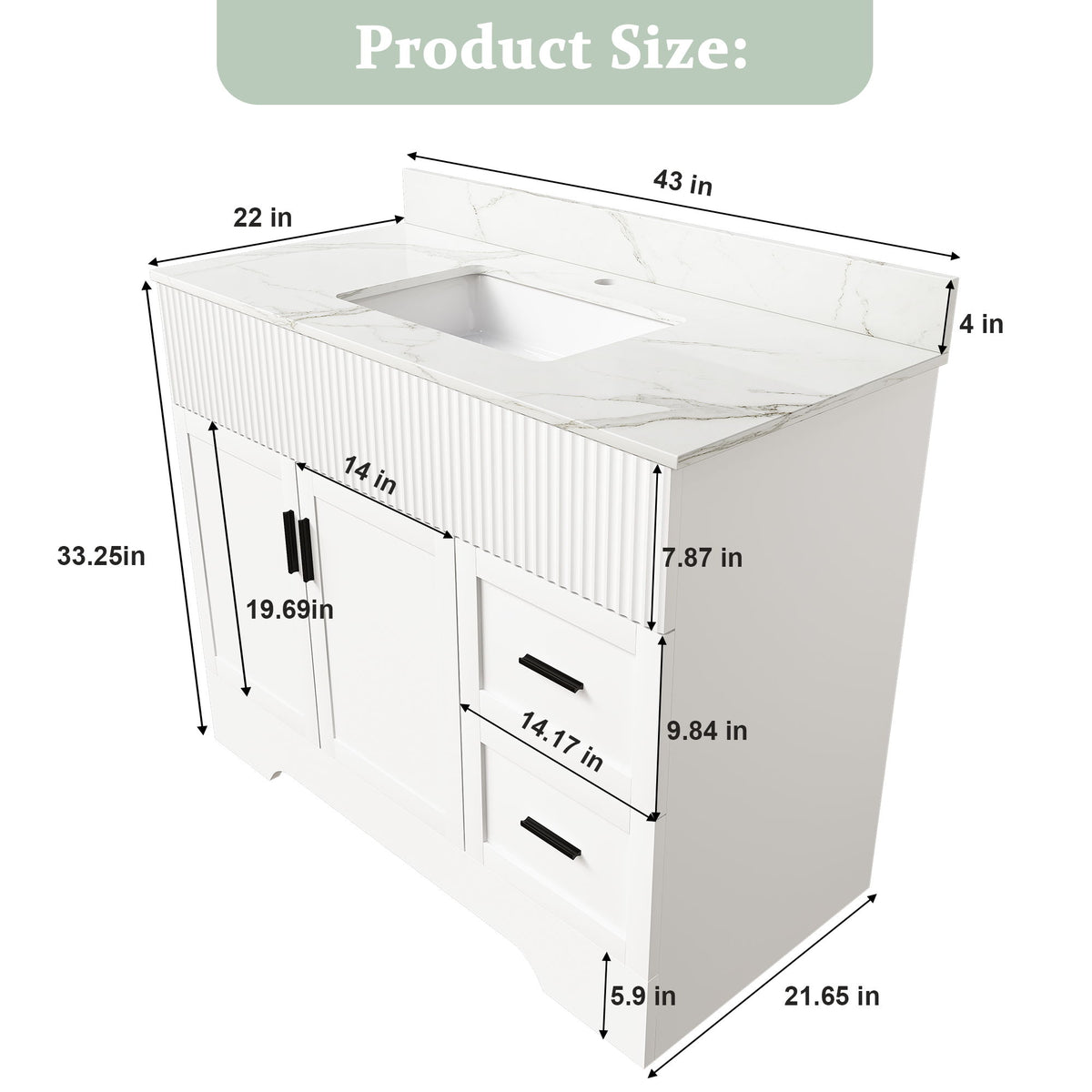 Bathroom vanity dimensions diagram with overall measurements and door and drawer layout.