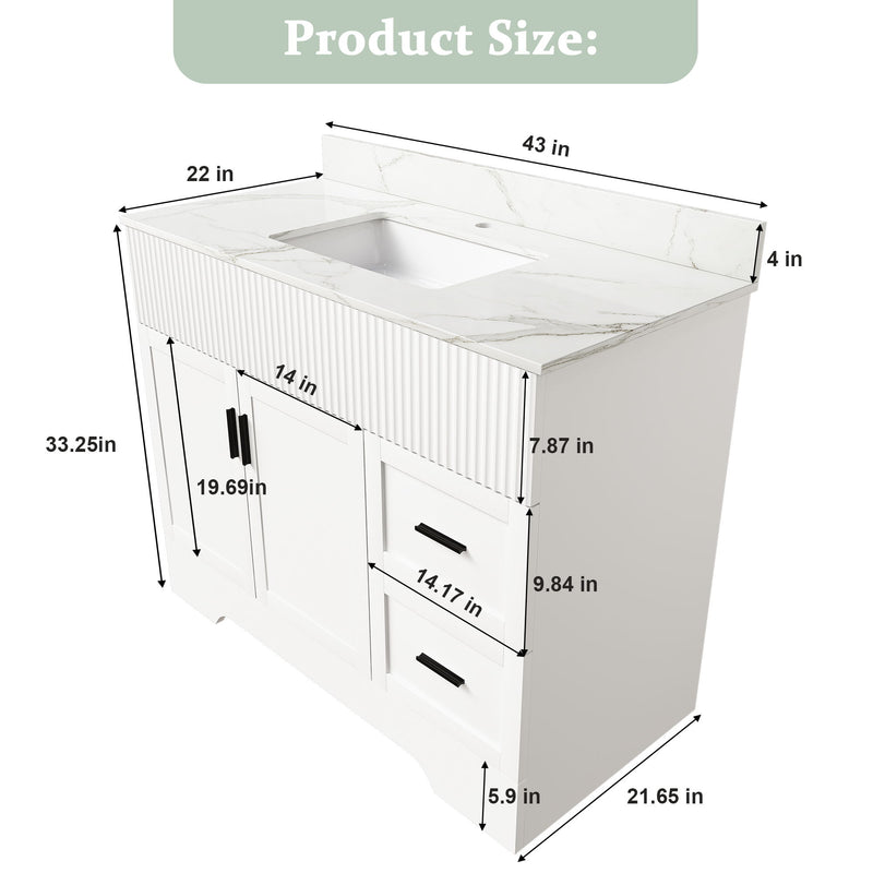 Bathroom vanity dimensions diagram with overall measurements and door and drawer layout.