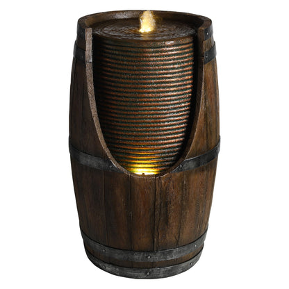 Dark brown barrel water fountain with warm LED glow through the textured basin